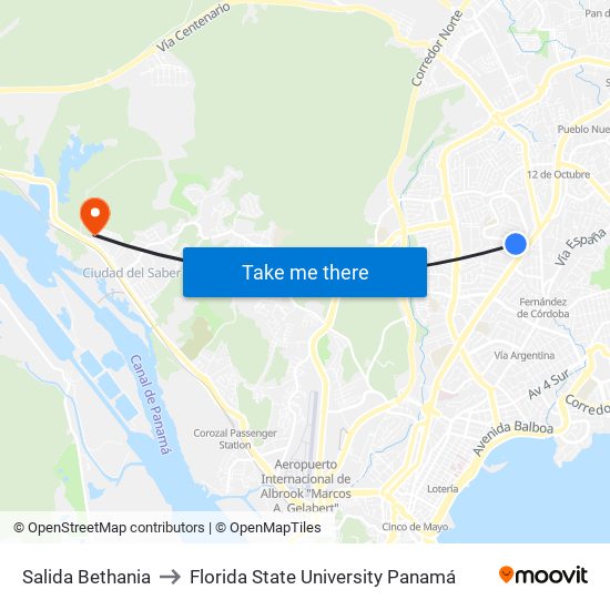 Salida Bethania to Florida State University Panamá map