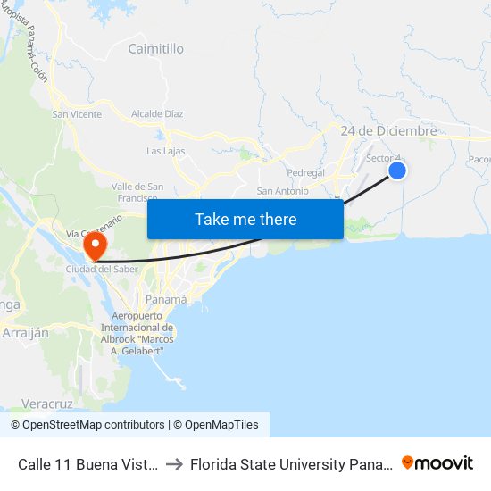Calle 11 Buena Vista-I to Florida State University Panamá map