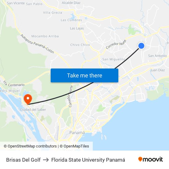 Brisas Del Golf to Florida State University Panamá map