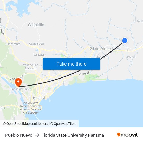 Pueblo Nuevo to Florida State University Panamá map