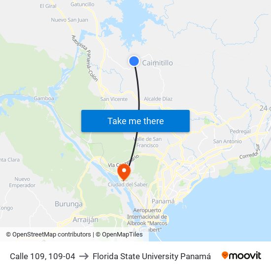 Calle 109, 109-04 to Florida State University Panamá map