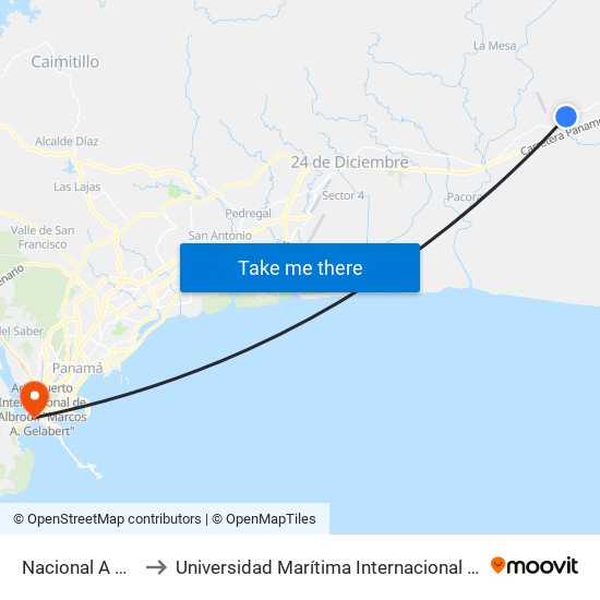 Nacional A Chepo, 174-1 to Universidad Marítima Internacional De Panamá (Umip) Edif. 1033 map