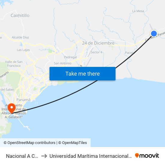 Nacional A Chepo, 10-402 to Universidad Marítima Internacional De Panamá (Umip) Edif. 1033 map