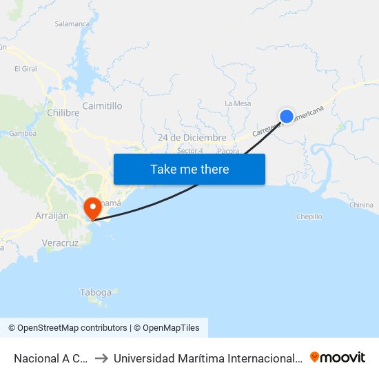 Nacional A Chepo, 151-20 to Universidad Marítima Internacional De Panamá (Umip) Edif. 1033 map