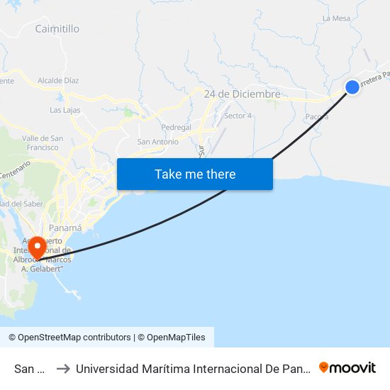 San Diego to Universidad Marítima Internacional De Panamá (Umip) Edif. 1033 map