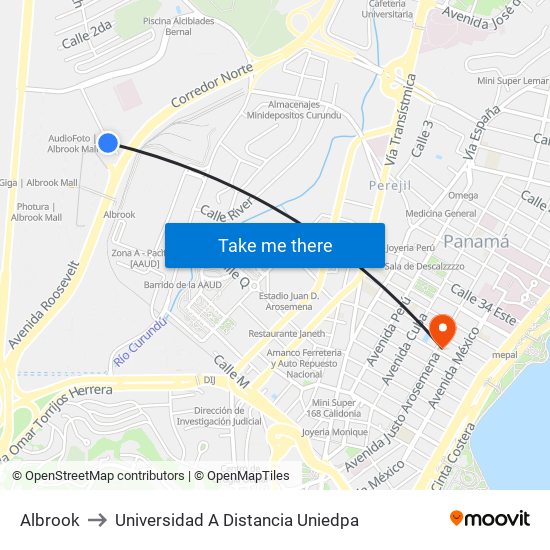 Albrook to Universidad A Distancia Uniedpa map