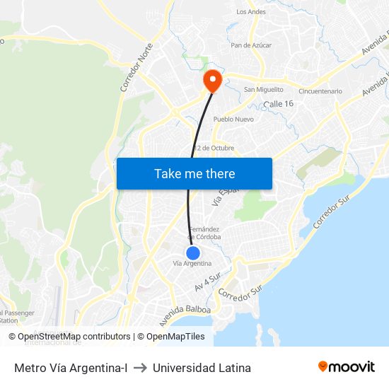 Metro Vía Argentina-I to Universidad Latina map