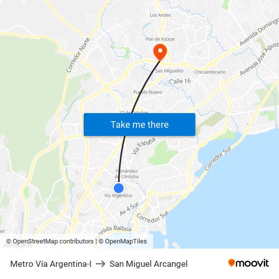 Metro Vía Argentina-I to San Miguel Arcangel map