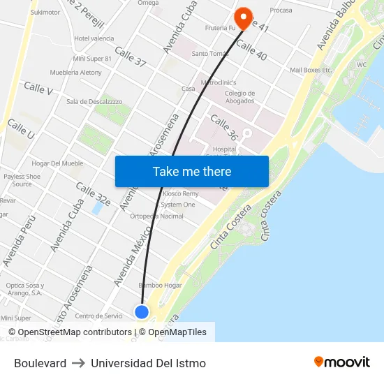 Boulevard to Universidad Del Istmo map