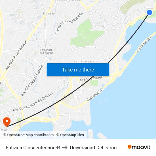 Entrada Cincuentenario-R to Universidad Del Istmo map