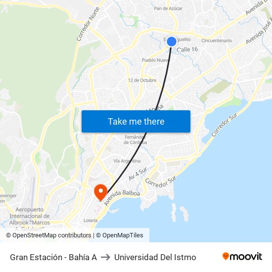 Gran Estación - Bahía A to Universidad Del Istmo map