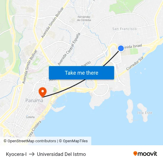Kyocera-I to Universidad Del Istmo map