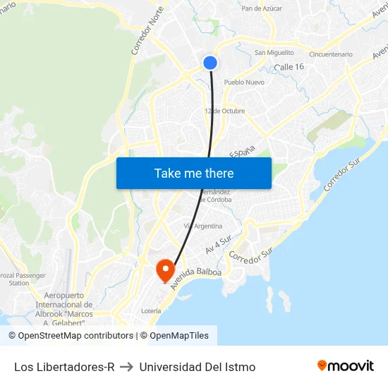 Los Libertadores-R to Universidad Del Istmo map