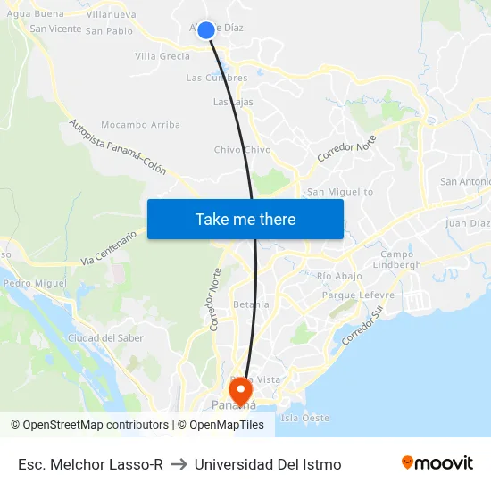 Esc. Melchor Lasso-R to Universidad Del Istmo map