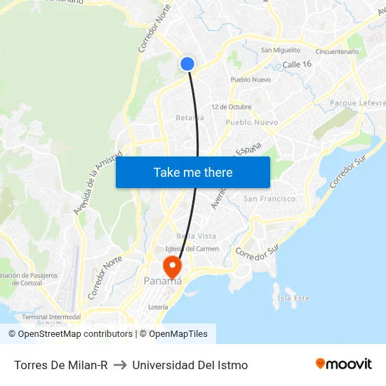 Torres De Milan-R to Universidad Del Istmo map