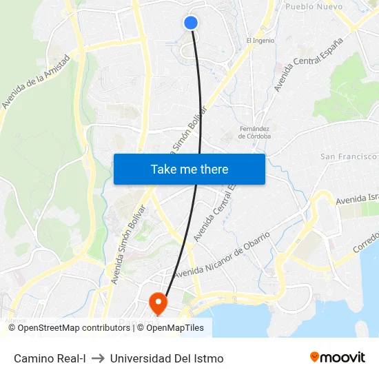 Camino Real-I to Universidad Del Istmo map