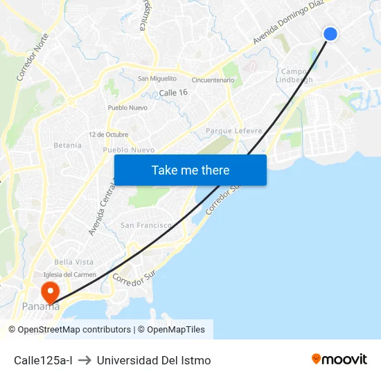 Calle125a-I to Universidad Del Istmo map