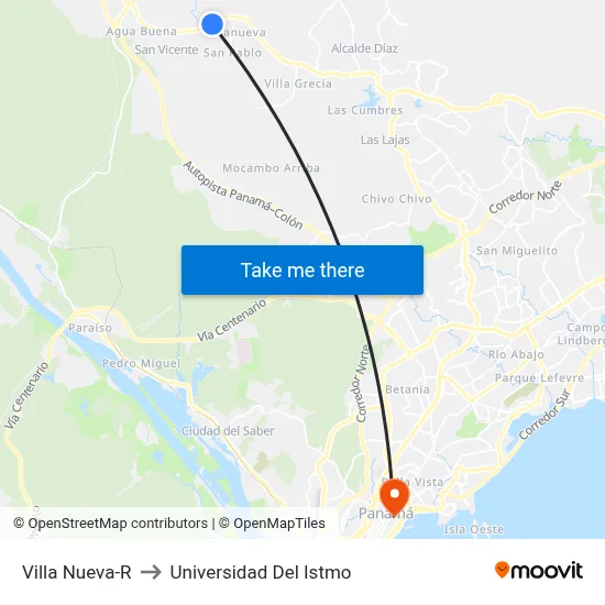 Villa Nueva-R to Universidad Del Istmo map