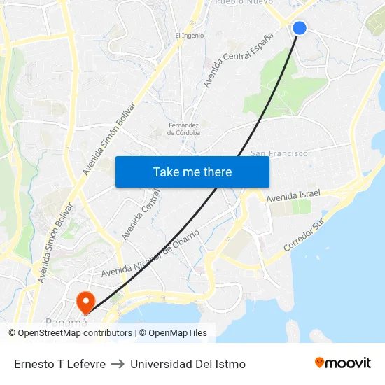 Ernesto T Lefevre to Universidad Del Istmo map