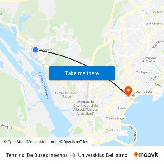 Terminal De Buses Internos to Universidad Del Istmo map