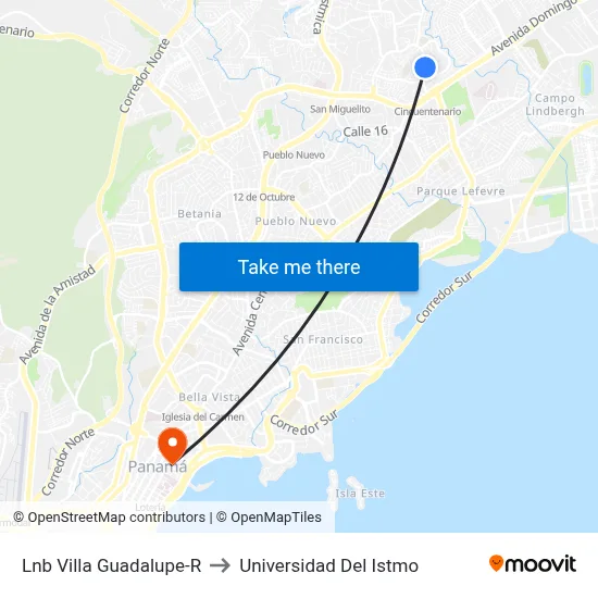 Lnb Villa Guadalupe-R to Universidad Del Istmo map