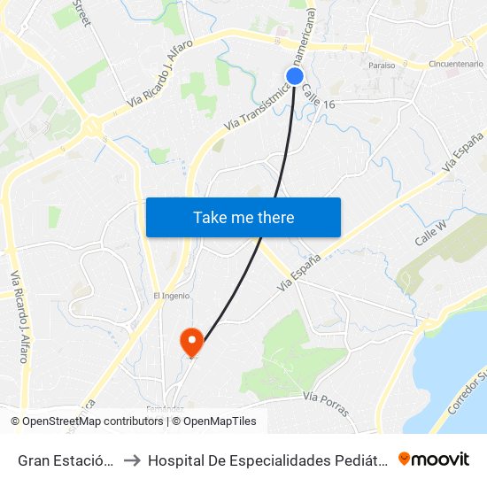 Gran Estación - Bahía A to Hospital De Especialidades Pediátricas - Omar Torrijos H. map