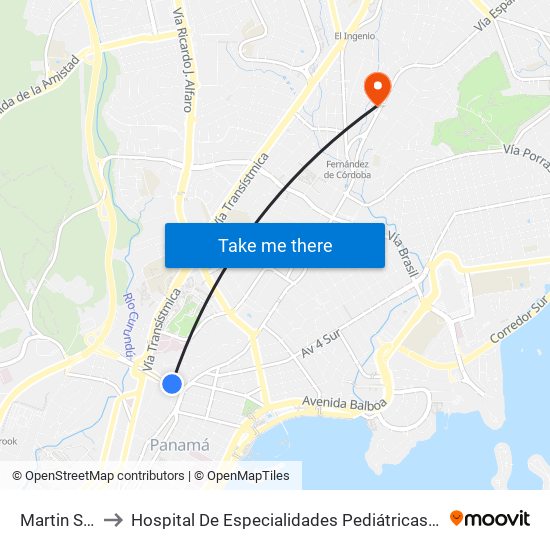Martin Sosa-R to Hospital De Especialidades Pediátricas - Omar Torrijos H. map