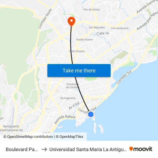 Boulevard Pacifica to Universidad Santa María La Antigua - Usma map
