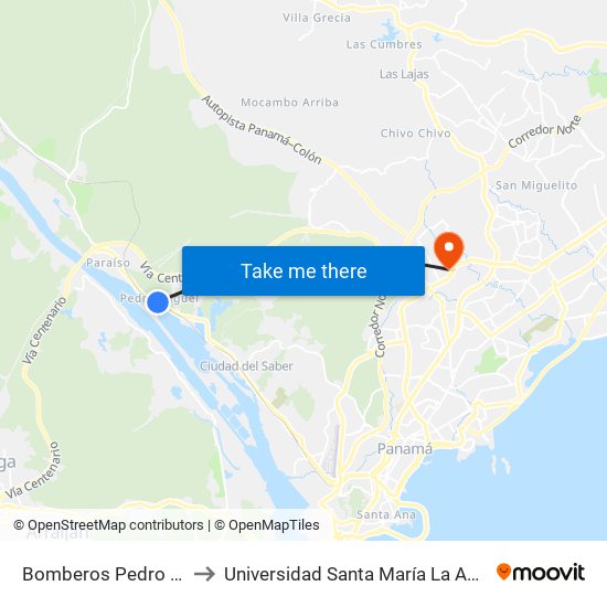 Bomberos Pedro Miguel-R to Universidad Santa María La Antigua - Usma map