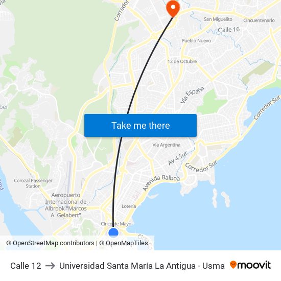 Calle 12 to Universidad Santa María La Antigua - Usma map