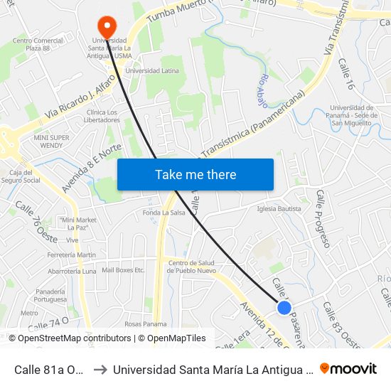 Calle 81a Oeste to Universidad Santa María La Antigua - Usma map