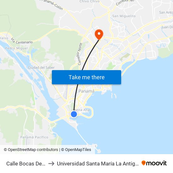Calle Bocas Del Toro to Universidad Santa María La Antigua - Usma map