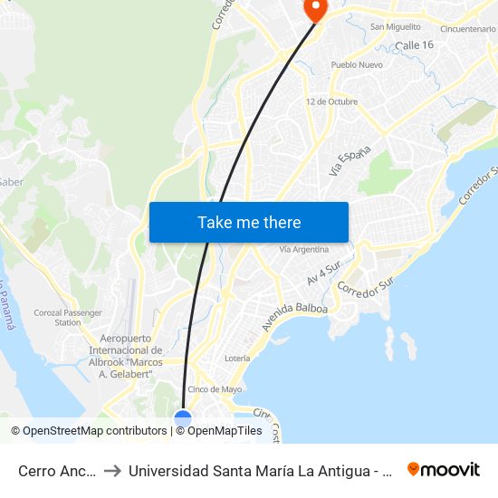 Cerro Ancón to Universidad Santa María La Antigua - Usma map