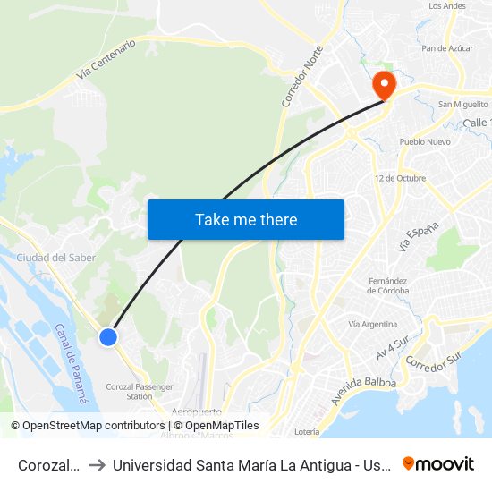 Corozal-R to Universidad Santa María La Antigua - Usma map