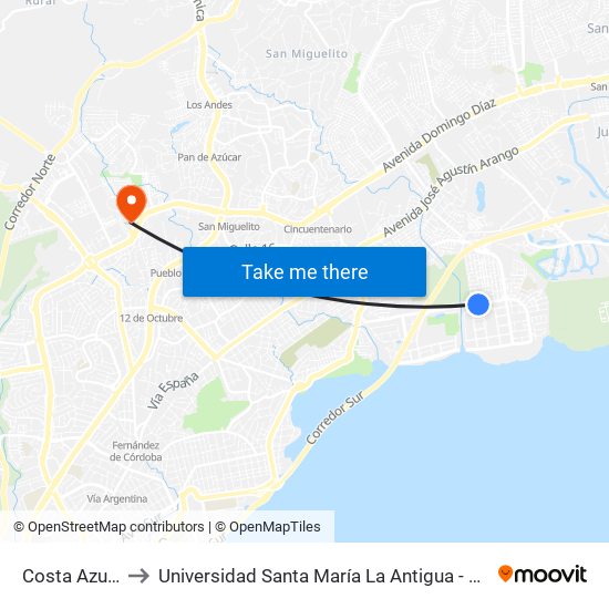 Costa Azul-R to Universidad Santa María La Antigua - Usma map