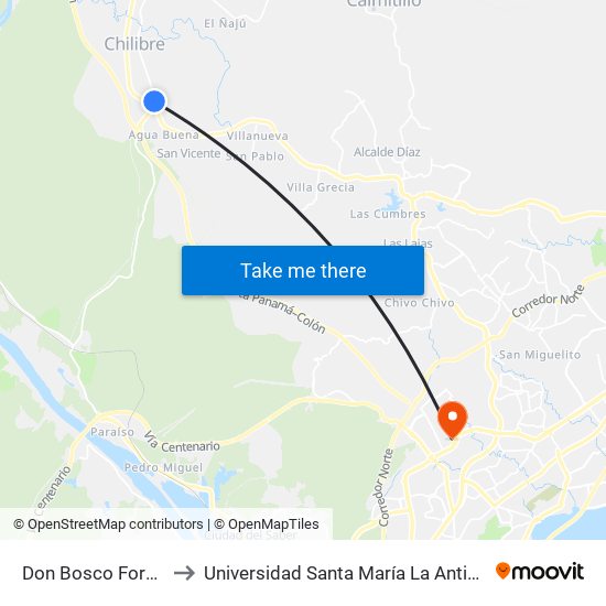 Don Bosco Forestal-R to Universidad Santa María La Antigua - Usma map