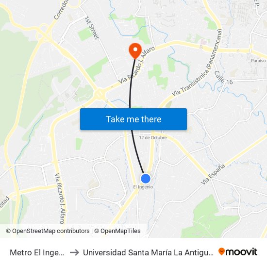 Metro El Ingenio-R to Universidad Santa María La Antigua - Usma map