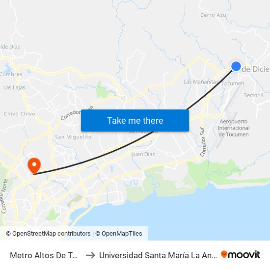 Metro Altos De Tocumen-I to Universidad Santa María La Antigua - Usma map