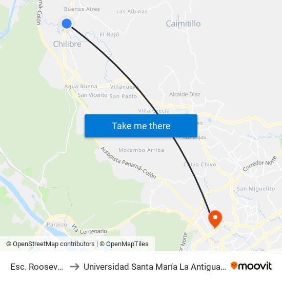 Esc. Roosevelt-R to Universidad Santa María La Antigua - Usma map