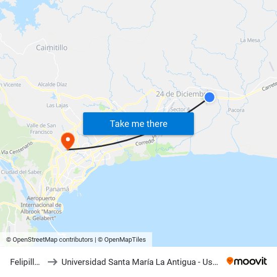 Felipillo-I to Universidad Santa María La Antigua - Usma map