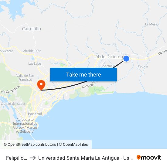 Felipillo-R to Universidad Santa María La Antigua - Usma map