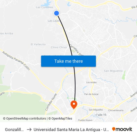 Gonzalillo-I to Universidad Santa María La Antigua - Usma map