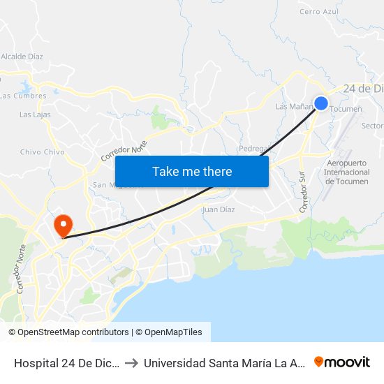 Hospital 24 De Diciembre-R to Universidad Santa María La Antigua - Usma map
