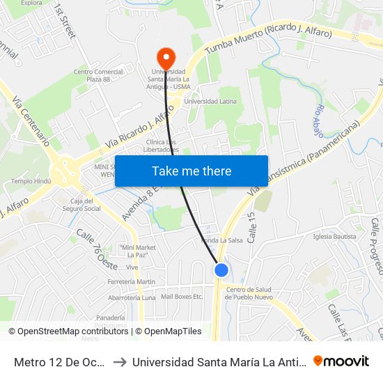 Metro 12 De Octubre-R to Universidad Santa María La Antigua - Usma map