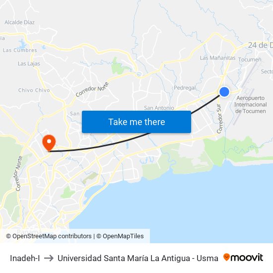 Inadeh-I to Universidad Santa María La Antigua - Usma map