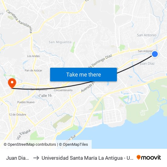 Juan Diaz-R to Universidad Santa María La Antigua - Usma map