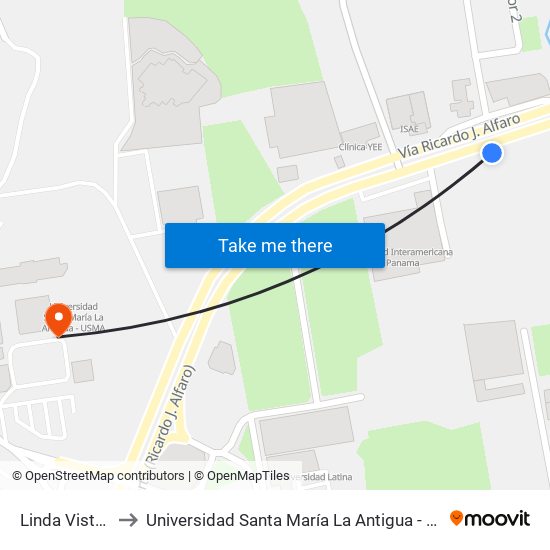 Linda Vista-R to Universidad Santa María La Antigua - Usma map