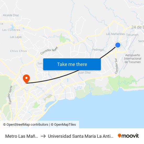 Metro Las Mañanitas to Universidad Santa María La Antigua - Usma map