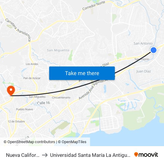 Nueva California-I to Universidad Santa María La Antigua - Usma map