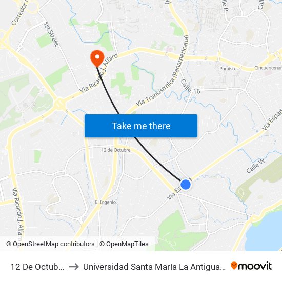 12 De Octubre-R to Universidad Santa María La Antigua - Usma map